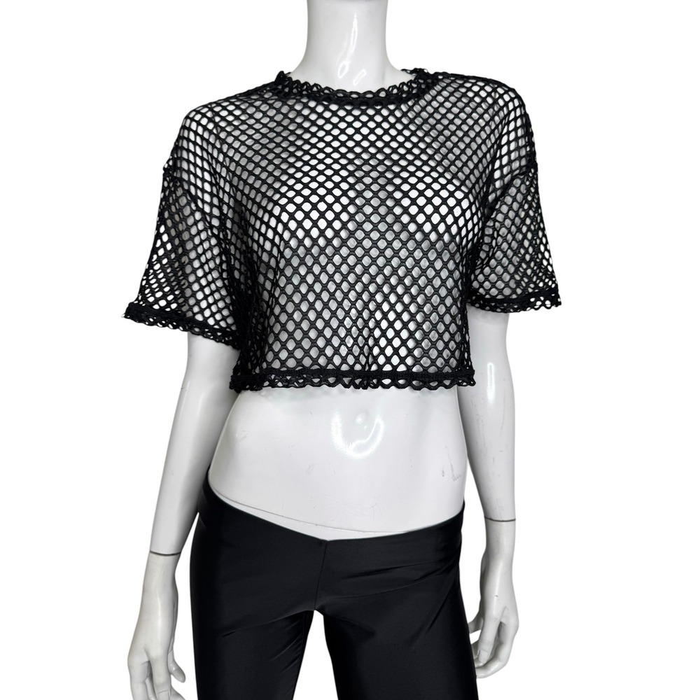 Black Fishnet Mesh Crop Top Short Sleeve Sheer Net Festival Shirt L